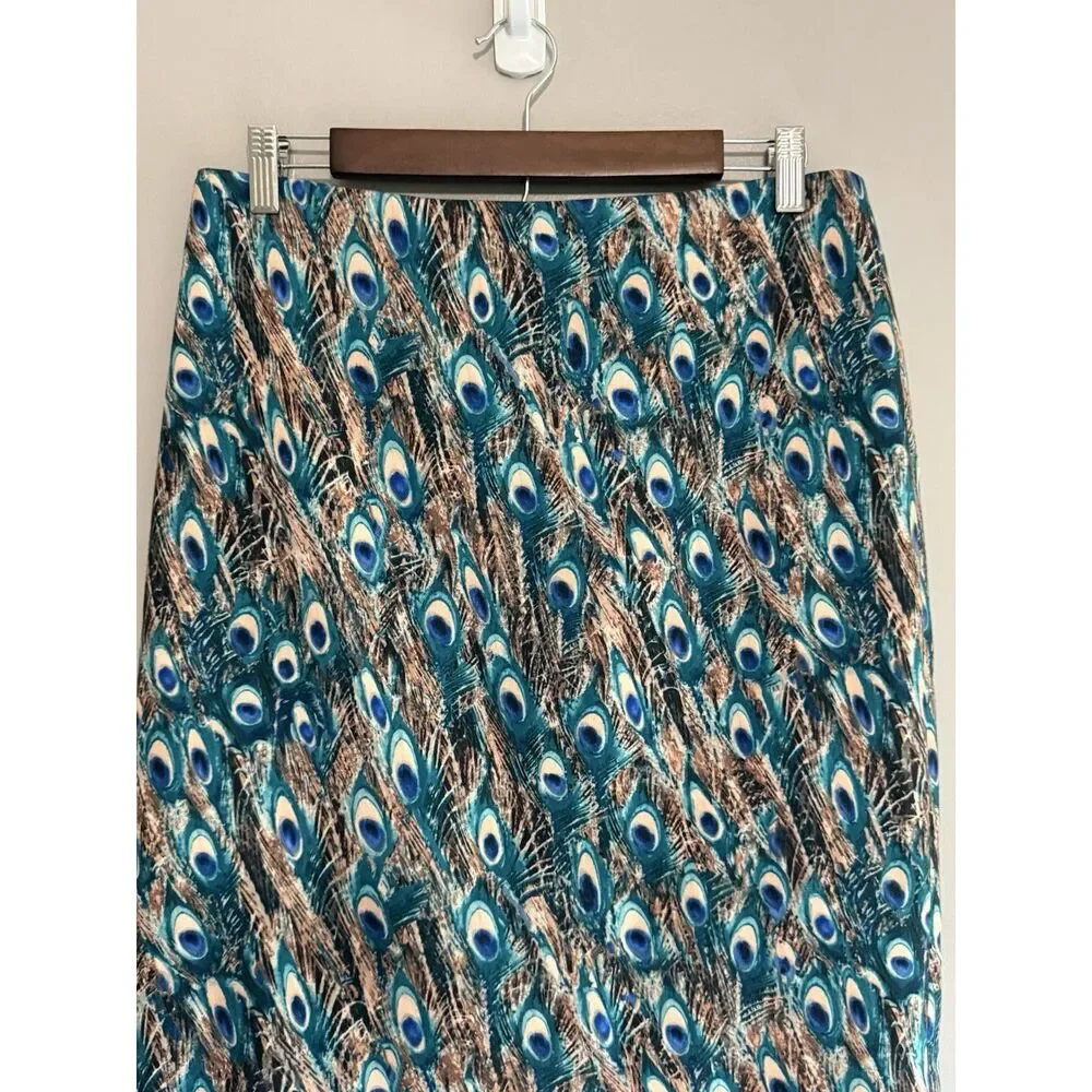 Talbots Peacock Feathers Print Pencil Skirt Stretch Knit 10 Petite Office Work